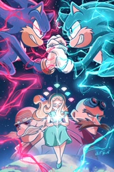 Size: 1366x2048 | Tagged: safe, artist:katieee_llyn, gerald robotnik, maria robotnik, robotnik, sonic the hedgehog, human, sonic the hedgehog 3 (film), 2024, abstract background, chaos emerald, earth, electricity, fight, group, looking at each other, looking at viewer, movie poster, poster, signature, space, star (sky)