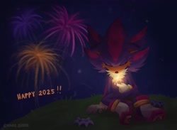 Size: 2047x1501 | Tagged: safe, artist:cha0s_error, shadow the hedgehog, 2025, abstract background, english text, fireworks, flower, grass, holding something, new years, nighttime, outdoors, signature, sitting, solo, sparkler