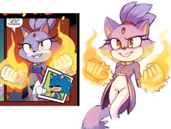 Size: 1108x833 | Tagged: safe, artist:bibiquake, blaze the cat, 2025, clenched fists, clenched teeth, fire, flame, looking offscreen, redraw, reference inset, simple background, smile, solo, standing, white background