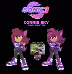 Size: 1991x2048 | Tagged: safe, artist:conniesky3, oc, oc:connie the hedgehog, hedgehog, sonic the hedgehog 3 (film), 2025, black background, character name, english text, hand on hip, logo, looking at viewer, oc only, simple background, smile, solo, standing