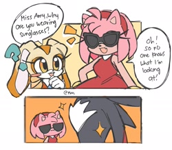 Size: 2001x1750 | Tagged: safe, artist:jaxhyden, amy rose, cream the rabbit, shadow the hedgehog, comic, english text, meme, shadamy, shipping, sparkles, speech bubble, straight, sunglasses, trio