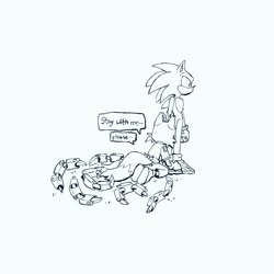 Size: 1024x1024 | Tagged: safe, artist:41waysu, miles "tails" prower, nine, sonic the hedgehog, 2025, dialogue, duo, english text, frown, gay, kneeling, line art, looking offscreen, monochrome, nine x sonic, shipping, simple background, sonic x tails, speech bubble, standing, white background