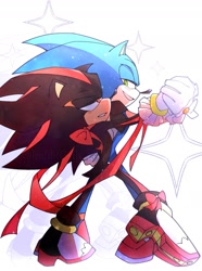 Size: 1343x1803 | Tagged: safe, artist:bubblgsth, shadow the hedgehog, sonic the hedgehog, 2025, bow, dancing, duo, gay, holding each other, lidded eyes, looking at each other, ribbon, shadow x sonic, shipping, simple background, smile, star (symbol), white background