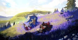 Size: 2048x1066 | Tagged: safe, artist:zendr3_, shadow the hedgehog, sonic the hedgehog, 2025, abstract background, cute, daytime, duo, gay, grass, lavender, looking at each other, lying down, outdoors, shadow x sonic, shipping, sitting, smile, sonabetes, tree