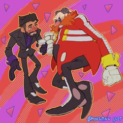 Size: 1048x1048 | Tagged: safe, artist:moksutinn, agent stone, robotnik, human, 2025, abstract background, coffee, duo, gay, holding something, looking at each other, outline, robotnik x stone, shipping, signature, smile