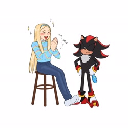 Size: 2048x2048 | Tagged: safe, artist:hanibananeez, maria robotnik, shadow the hedgehog, alternate version, blushing, clapping, cute, duo, eyes closed, hairbrush, simple background, sitting, smile, sparkles, standing, white background