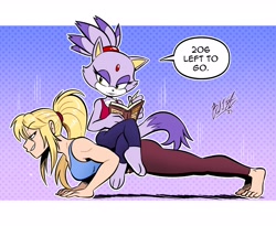Size: 3300x2700 | Tagged: safe, artist:deathofink, blaze the cat, exercise, push-ups, samus aran, sitting on another, sitting on them