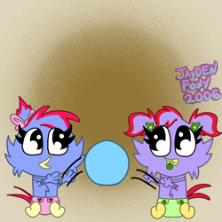 Size: 2048x2048 | Tagged: safe, artist:bluedeerfox14, adventures of sonic the hedgehog, badnik, ball, bow, chicken, diaper, duo, duo female, females only, flowers, pacifier, parent:scratch, ponytail, sister, sisters