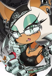 Size: 1409x2048 | Tagged: safe, artist:0ni91ri, rouge the bat, bat, cigarette, glasses, necklace, prosthetic, smoking, solo