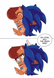 Size: 1423x2048 | Tagged: safe, artist:jadepesky, sally acorn, sonic the hedgehog, chipmunk, hedgehog, comic, dialogue, duo, english text, female, hugging, male, pointing, sally x sonic, sally's vest and boots, shipping, straight