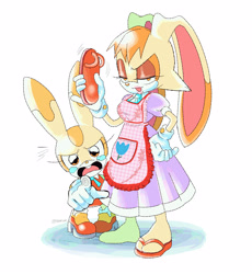 Size: 2300x2500 | Tagged: safe, artist:sookilini, cream the rabbit, vanilla the rabbit, apron, crying, this will end in a boss fight, white background