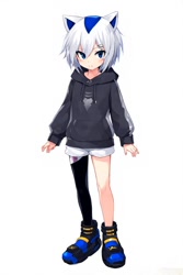 Size: 512x768 | Tagged: safe, ai art, oc, oc:endi the hedgehog, human, asymmetrical clothes, asymmetrical legwear, blue eyes, blue hair, hoodie, humanized, male, shoes, shorts, single leg pantyhose, single thighhigh, white hair