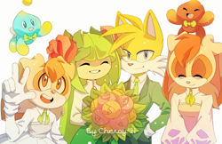 Size: 1280x828 | Tagged: safe, artist:cheroy, cheese (chao), chocola (chao), cosmo the seedrian, cream the rabbit, miles "tails" prower, vanilla the rabbit, chao, seedrian, older, wedding, wedding dress, wedding suit