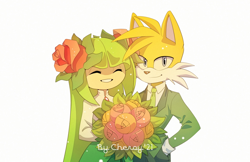 Size: 1280x828 | Tagged: safe, artist:cheroy, cosmo the seedrian, miles "tails" prower, seedrian, wedding, wedding dress, wedding suit