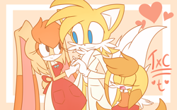 Size: 3200x2000 | Tagged: safe, artist:luckyclau, cream the rabbit, miles "tails" prower, oc, oc:taffy, fox, rabbit, child, family, shipping, straight, taiream, trio