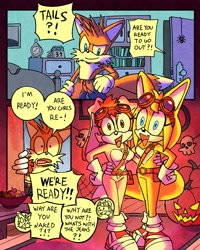 Size: 2160x2700 | Tagged: safe, artist:dorefatum, cream the rabbit, miles "tails" prower, zooey the fox, fox, rabbit, clothes, comic, dialogue, english text, female, halloween, male, nudity, pants, trio