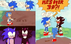 Size: 4096x2499 | Tagged: safe, artist:blahlahblash, shadow the hedgehog, sonic the hedgehog, sonic x shadow generations, 2024, classic sonic, comic, daytime, english text, outdoors, speech bubble, trio
