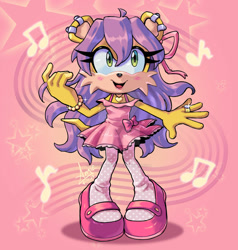 Size: 1280x1342 | Tagged: safe, artist:angiethecat, mina mongoose, abstract background, alternate outfit, bracelet, ear piercing, female, front view, gradient background, mouth open, open smile, solo