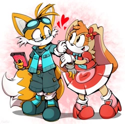 Size: 985x982 | Tagged: safe, artist:malachimoet, cream the rabbit, miles "tails" prower, abstract background, duo, female, frown, glasses, goggles on head, head tilt, looking at each other, male, mouth open, open smile