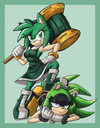 Size: 1602x2048 | Tagged: safe, artist:viciousbutprecious, amy rose, surge the tenrec, color swap, duo, frown, green amy, green background, piko piko hammer, simple background, smile, solo, standing on them