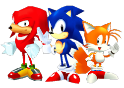Size: 453x323 | Tagged: safe, artist:casinobunbun, knuckles the echidna, miles "tails" prower, sonic the hedgehog, 2024, 3d, classic knuckles, classic sonic, classic tails, simple background, style emulation, team sonic, transparent background, trio