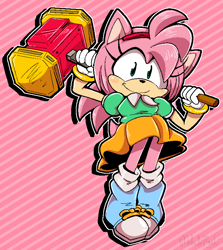 Size: 664x746 | Tagged: safe, artist:malachimoet, amy rose, abstract background, amy's classic dress, female, looking at viewer, smile, smiling at viewer, solo, striped background