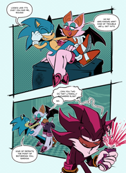 Size: 1500x2063 | Tagged: safe, artist:katsinspats, rouge the bat, shadow the hedgehog, sonic the hedgehog, 2025, annoyed, comic, drink, english text, looking at each other, sitting on lap, sitting on them, soda, speech bubble, tongue out, trio