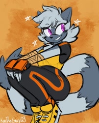 Size: 1212x1500 | Tagged: safe, artist:kaitheguy123, tangle the lemur, abstract background, female, grin, looking offscreen, posing, smile, solo