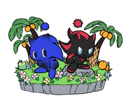 Size: 1476x1226 | Tagged: safe, artist:amanotoo, chao, 2024, chao fruit, chao garden, character chao, duo, flower, frown, fruit, grass, palm tree, shadow chao, simple background, smile, sonic chao, tree, white background