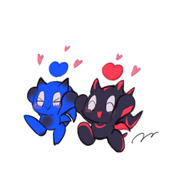 Size: 756x797 | Tagged: safe, artist:amanotoo, chao, 2024, blushing, chaobetes, character chao, cute, duo, eyes closed, happy, heart, shadow chao, simple background, smile, sonic chao, white background