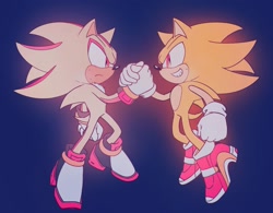 Size: 1911x1487 | Tagged: safe, artist:amanotoo, shadow the hedgehog, sonic the hedgehog, super shadow, super sonic, sonic adventure 2, 2023, blue background, duo, grin, holding hands, looking at each other, simple background, smile, soap shoes, super form