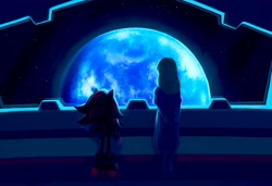 Size: 2618x1791 | Tagged: safe, artist:amanotoo, maria robotnik, shadow the hedgehog, hedgehog, human, 2023, backlighting, duo, earth, from behind, space, space colony ark, standing