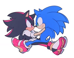 Size: 1457x1146 | Tagged: safe, artist:amanotoo, shadow the hedgehog, sonic the hedgehog, 2023, duo, gay, looking at each other, shadow x sonic, shipping, simple background, sitting on them, soap shoes, white background