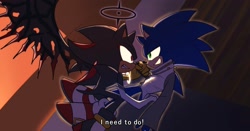 Size: 2000x1045 | Tagged: safe, artist:tamjeong_sonic, shadow the hedgehog, sonic the hedgehog, sonic x shadow generations, 2025, cosplay, crossover, doom shadow, english text, gay, halo, hazbin hotel, looking at each other, shadow x sonic, shipping