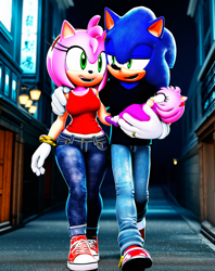 Size: 1216x1536 | Tagged: safe, artist:codythehouso, amy rose, sonic the hedgehog, oc, hedgehog, 3d, abstract background, adult, adult amy, adult sonic, aged up, alternate universe, amy x sonic, baby, busty amy, carrying them, clothes, cute, denim jeans, family, fankid, father and child, father and daughter, female, grown up, happy, holding each other, holding them, looking at each other, looking at them, male, marriage ring, mother and child, mother and daughter, nighttime, offsprings, older, older amy, older sonic, parent:amy, parent:sonic, parents:sonamy, shipping, standing, straight, street, t-shirt, tank top, thicc, thick thighs, trio, unnamed oc, walking, wedding ring