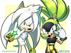 Size: 4000x3000 | Tagged: safe, artist:sunsetbriz, silver the hedgehog, surge the tenrec, oc, oc:steel the hedgehog, blue eyes, piercings, punk, punk rock, rings, signature, tongue out, yellow eyes