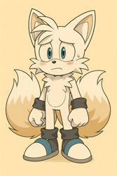 Size: 1024x1536 | Tagged: safe, ai art, miles "tails" prower, arctic fox, frown, gloves off, species swap