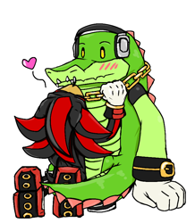Size: 728x836 | Tagged: safe, artist:pikabysss, shadow the hedgehog, vector the crocodile, 2025, blushing, crack shipping, gay, heart, kiss, shadow x vector, shipping, simple background, sitting, transparent background