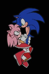 Size: 695x1050 | Tagged: safe, artist:rodka_sth, amy rose, sonic the hedgehog, 2025, amy x sonic, black background, duo, looking at each other, shipping, simple background, straight