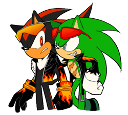 Size: 490x442 | Tagged: safe, artist:rodka_sth, scourge the hedgehog, shadow the hedgehog, duo, gay, grin, hand on another's shoulder, jacket, looking at each other, shadourge, shipping, simple background, smile, white background