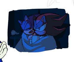 Size: 479x405 | Tagged: safe, artist:rodka_sth, shadow the hedgehog, sonic the hedgehog, 2024, blanket, duo, gay, mug, shadow x sonic, shipping, simple background, sitting, white background