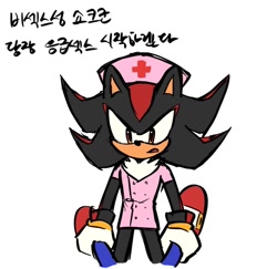 Size: 952x927 | Tagged: safe, artist:rodka_sth, shadow the hedgehog, sonic the hedgehog, 2024, duo, gay, hat, korean text, nurse outfit, shadow x sonic, shipping, simple background, solo focus, standing, white background