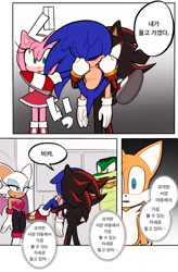Size: 1041x1591 | Tagged: suggestive, artist:rodka_sth, amy rose, miles "tails" prower, rouge the bat, shadow the hedgehog, sonic the hedgehog, vector the crocodile, 2023, carrying them, comic, group, korean text, looking at them, speech bubble, standing