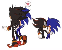 Size: 1324x1073 | Tagged: suggestive, artist:rodka_sth, shadow the hedgehog, sonic the hedgehog, 2023, duo, from behind, gay, heart, holding tail, shadow x sonic, shipping, simple background, standing, white background