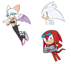 Size: 1189x1079 | Tagged: safe, artist:rodka_sth, knuckles the echidna, rouge the bat, silver the hedgehog, 2023, arm behind back, female, male, mouth open, open smile, riders outfit, simple background, smile, sonic riders, standing, trio, white background