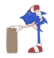 Size: 1064x1152 | Tagged: safe, artist:rodka_sth, sonic the hedgehog, 2023, eyes closed, leg up, simple background, solo, standing on one leg, stretching, white background