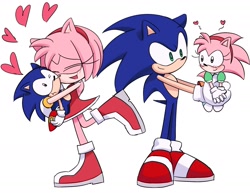 Size: 1900x1465 | Tagged: safe, artist:rodka_sth, amy rose, sonic the hedgehog, 2023, amy x sonic, blushing, classic amy, classic sonic, group, heart, holding them, looking at each other, looking at them, self paradox, shipping, simple background, smile, standing, straight, white background