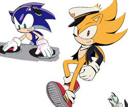 Size: 622x519 | Tagged: safe, artist:rodka_sth, sonic the hedgehog, super sonic, the murder of sonic the hedgehog, 2023, hat, looking at viewer, simple background, solo, super form, turntable, white background