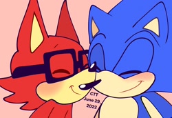 Size: 2048x1398 | Tagged: safe, artist:cerbie20, gadget the wolf, sonic the hedgehog, 2022, blushing, cute, duo, eyes closed, flat colors, gadgebetes, gay, outline, pink background, shipping, signature, simple background, smile, sonabetes, sonadget