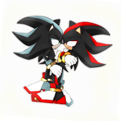 Size: 2000x2000 | Tagged: safe, artist:mephadow-emer1814, mephiles the dark, shadow the hedgehog, 2025, arms folded, gay, holding leg, looking at each other, mephadow, shipping, simple background, white background